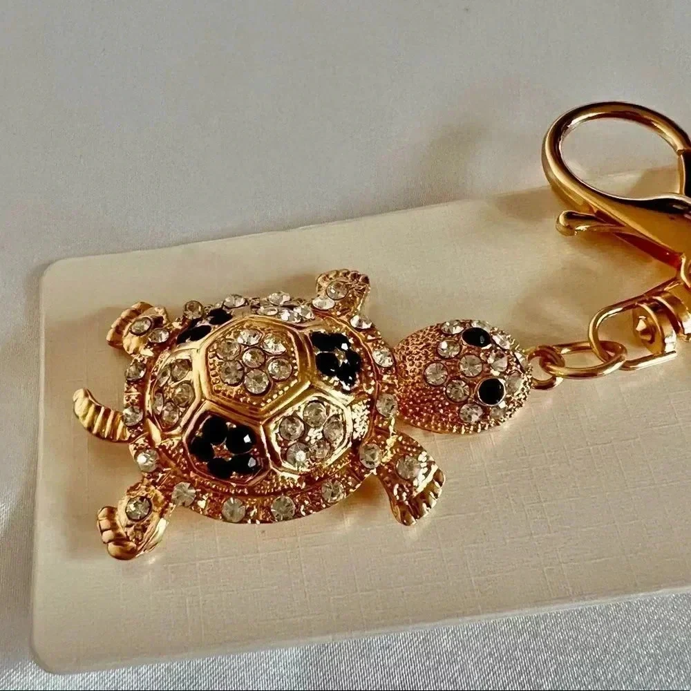 Turtle Key Chain Or Bag Charm Black/White Crystal Rhinestone Gold Tone Hardware